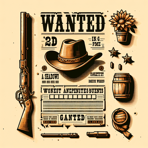 western wanted poster.
Single Game Texture. In-Game asset. 2d. Blank background. High contrast. No shadows.