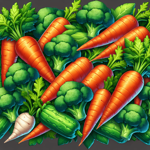 carrots and brocolli.
Single Game Texture. In-Game asset. 2d. Blank background. High contrast. No shadows.