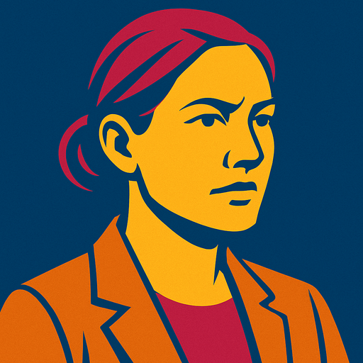 profile photo of a pragmatic woman.
In-Game asset.  2d.  High contrast.  No shadows