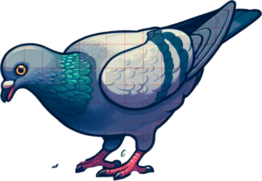 A pigeon pecking at the ground..
Single Game Texture.  In-Game asset.  2d.  Blank background.  High contrast.  No shadows