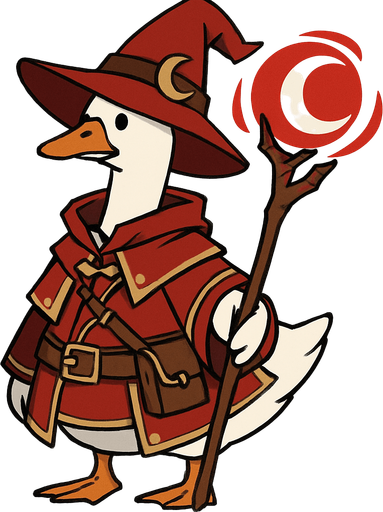 A Emden Goose in Treasure Hoarder Red Moon Mage Outfit with Red Moon Magic Staff.
In-Game asset.  2d.  High contrast.  No shadows