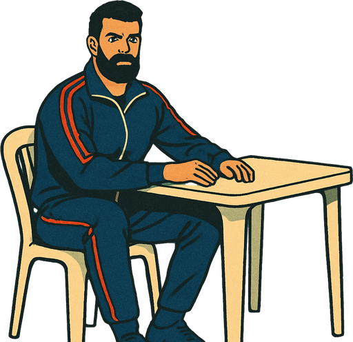 Beyaz plastik sandalye ve masa da oturan volkan demiren görseli oluştur . bu görsel de volkan demirel Lacivert eşofman takımı giyiyor olsun . retro temada olsun !.
In-Game asset.  2d.  High contrast.  No shadows
