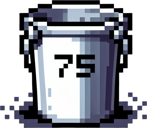 silver bucket with 75 text on it
. front view. Single Game Texture. In-Game asset. 2d. Blank background. High contrast. No shadows. pixel. 8 bit