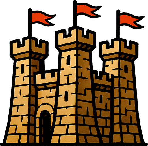 Taştan ve dört tane kulesi olan kırmızı bayraklar asılı kale.
In-Game asset.  2d.  High contrast.  No shadows