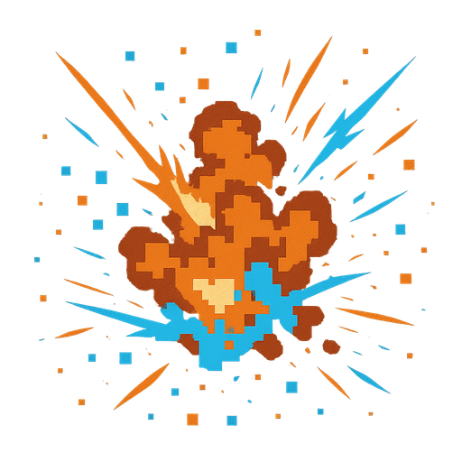 digital explosion, burnt orange neon blue, pixels, sparks.
In-Game asset.  2d.  High contrast.  No shadows