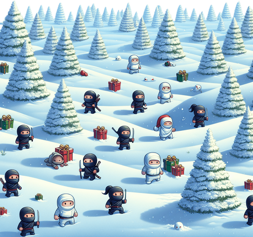 A beautiful winter snowy christmas landscape with ninja thieves kids lurking. Christmas gifts are hidden in the snow.
Single Game Texture. In-Game asset. 2d. Blank background. High contrast. No shadows.