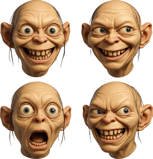 3D Scary but funny and cute face meme of gollum. only face, different faces look.
In-Game asset.  3D.  High contrast.  No shadows. only face