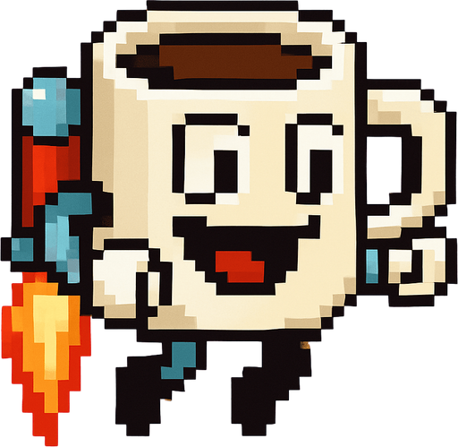 una tasa de cafe caricaturesca de pixeles con un jet pak.
In-Game asset.  2d.  High contrast.  No shadows