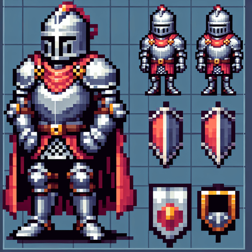 A pixelated 2D knight character sprite viewed from directly above, wearing silver armor and a red cape. The character is simplified to basic shapes - a circular body with rectangular shoulder plates. The cape extends behind the character. Clean pixel art style with no shading, designed for top-down gameplay..
Single Game Texture. Top-down view. Pixel art. Game character sprite. 32x32 pixels. Transparent background. 2D game asset. Clean edges. No anti-aliasing. High contrast colors. Character centered.