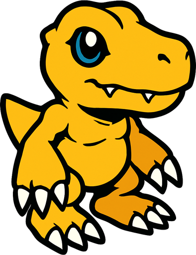 Agumon viendo a la derecha, perspectiva isometrica.
In-Game asset.  2d.  High contrast.  No shadows