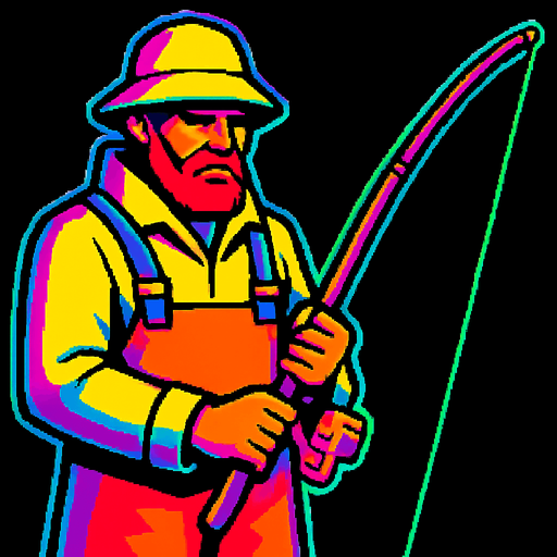 A commercial fisherman standing stoicly, looking down and holding a fishing pole out, fishing.  80s arcade machine graphics..
In-Game asset.  2d.  High contrast.  No shadows