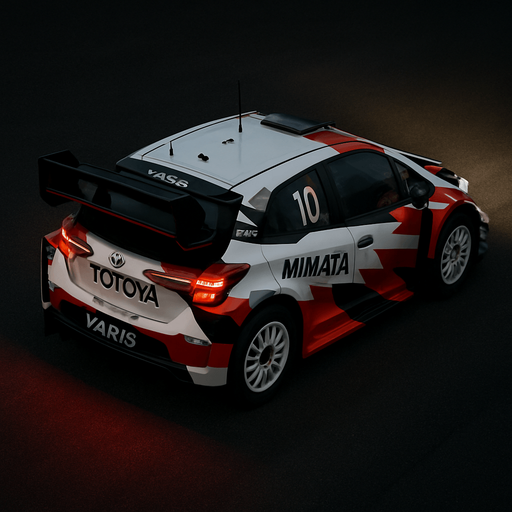 Photorealistic Toyota Yaris WRC in nightlight, drone topview FROM BACK and 45 degrees angle in top right corner. White body with some black and some red decals. Modify the TOYOTA to TOTOYA and other real sponsors to just similars.