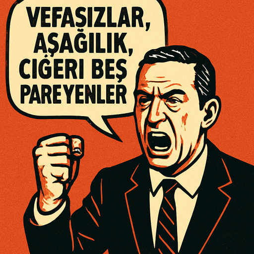 Ali Koça Sinirle konuşan bir başkan karakteri oluştur . Bu karakter Ali Koça benzesin . Bu karakterin tepesinde bir konuşma baloncuğu olsun . Bu baloncukta "Vefasızlar , Aşağılık , Ciğeri beş para etmeyenler " yazsın . Retro temada olsun !.
In-Game asset.  2d.  High contrast.  No shadows