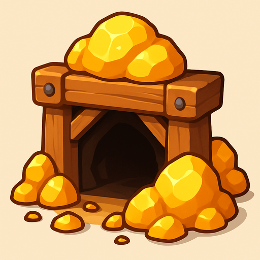 Crea un nodo de recurso de Mina de Oro en un estilo 2D renderizado, limpio y cartoonish, con contornos claros y definidos, colores vibrantes con transiciones suaves, y sombreado que dé volumen. Debe ser fácilmente reconocible como una fuente de oro..
In-Game asset.  2d.  High contrast.  No shadows