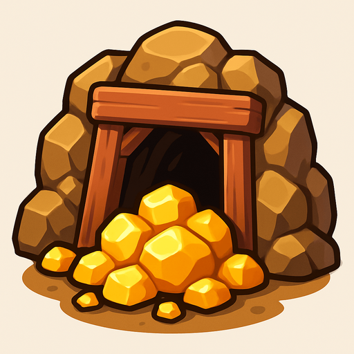 Crea un nodo de recurso de Mina de Oro en un estilo 2D renderizado, limpio y cartoonish, con contornos claros y definidos, colores vibrantes con transiciones suaves, y sombreado que dé volumen. Debe ser fácilmente reconocible como una fuente de oro..
In-Game asset.  2d.  High contrast.  No shadows
