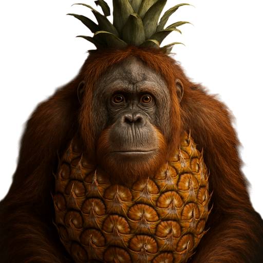 Haz a un orangután con cuerpo de piña, Ultra Realista.
In-Game asset.  2d.  High contrast.  No shadows. Ultra Realista