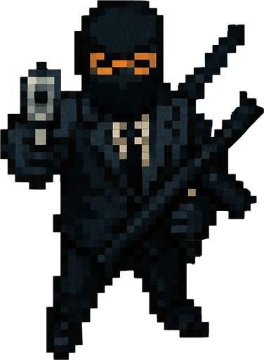 sicario vestido de negro hecho con pixeles y con armas con perspectiva desde arriba visto de frente apuntando con un arma