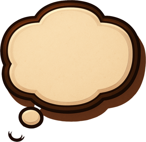 A thought bubble or a speech bubble (as used in animations) with a slightly 3D appearance, designed as an in-game asset, 2D, with shadows. It should not look like a cloud; the outline should be clean and defined, and the shape should be regular—but not perfectly oval or geometric.