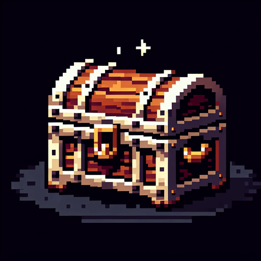 A wooden treasure chest.  Front view. Pixel art..
Single Game Texture.  In-Game asset.  2d.  Blank background.  High contrast.  No shadows