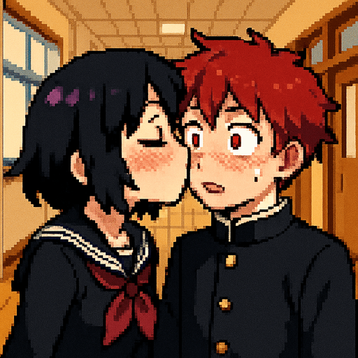 A cute anime-style girl with an emo aesthetic, striking purple eyes, and dressed in a traditional Japanese school uniform (sailor fuku), suddenly gives an unexpected kiss on the lips to a sweet red-haired boy with deep crimson eyes, wearing a classic gakuran school uniform. As she kisses him, her cheeks are deeply flushed, while he, also blushing, wears a look of shock and disbelief — not only was the kiss completely unprompted, but it’s also the very first time anyone has ever kissed him. Behind them stretches a Japanese school hallway, all rendered in a charming Pixel Art style.