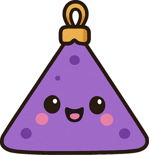 Perfectly triangle purple Christmas decoration with cute happy face. Cartoon style. Cute art style. Simple vector style.