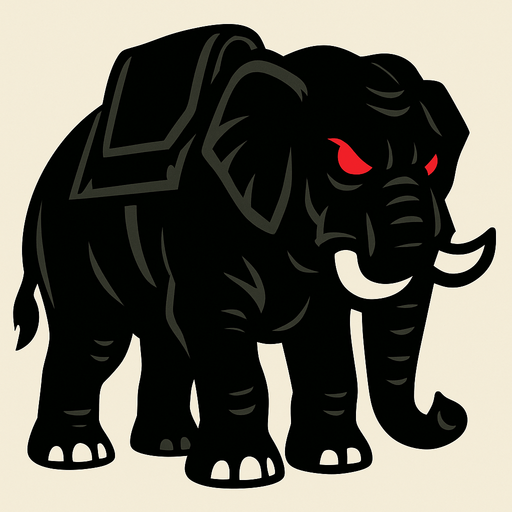 Black war elephant with red eyes.
In-Game asset.  2d.  High contrast.  No shadows