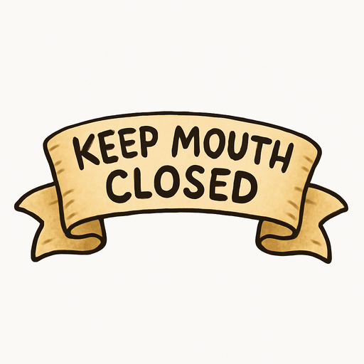 A simple wide hand-drawn symmetrical ribbon banners. The banner text reads “Keep mouth closed” in playful, cartoonish black lettering. The ribbon is warm beige parchment. Each side ends with simple curved, scroll-like ribbon.
Single Game Texture.  In-Game asset.  2d.  Blank background.  High contrast.  No shadows.