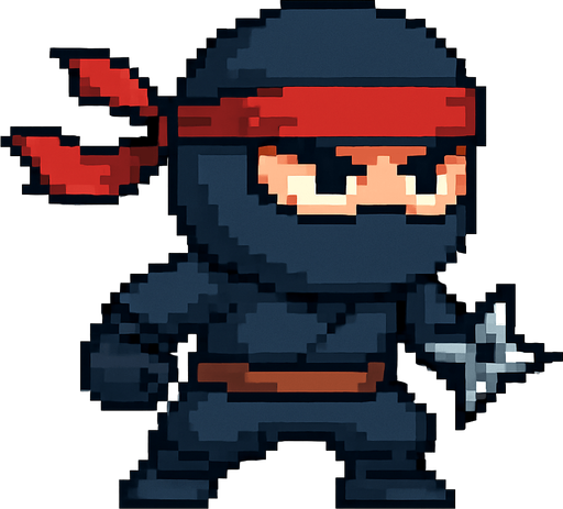 El ninja debe ser un personaje compacto y ágil en estilo pixel art, con un traje negro o azul oscuro que cubra todo su cuerpo excepto los ojos, los cuales deben ser expresivos y ligeramente entrecerrados para mostrar concentración o determinación; puede tener una banda o pañuelo rojo atado en la frente que se extienda hacia atrás con movimiento, y detalles mínimos como cinturón, guantes o pequeñas armas visibles como una estrella ninja al costado; el diseño debe ser simple pero dinámico, con animación sutil de respiración o movimiento de tela, y fondo transparente, ideal para integrarse en un juego de acción o reflejos con estética caricaturesca o retro..
In-Game asset.  2d.  High contrast.  No shadows