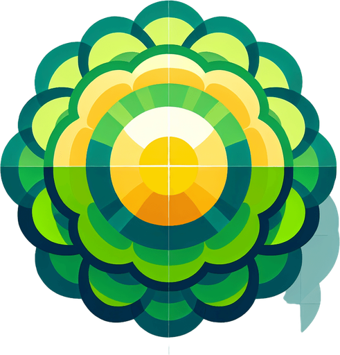 A round green and yellow flower. Top down view.
Single Game Texture. In-Game asset. 2d. Blank background. High contrast. No shadows.
