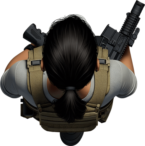 Soldier with gun seen from above.
Single Game Texture. In-Game asset. 2d. Blank background. High contrast. No shadows.