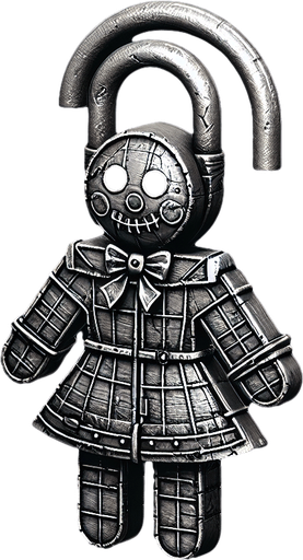 eerie christmas inspired christmas doll lock with a resident evil style.
Single Game Texture. In-Game asset. 2d. Blank background. High contrast. No shadows.