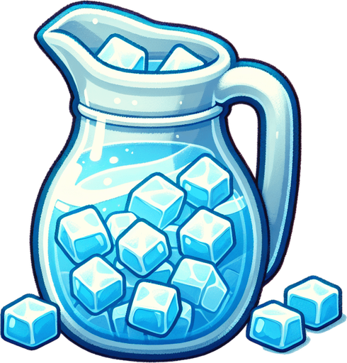 A pitcher full of nice fresh water and ice cubes..
Single Game Texture. In-Game asset. 2d. Blank background. High contrast. No shadows.