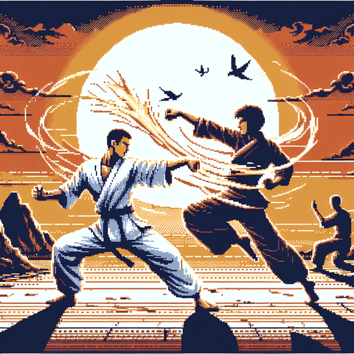 martial arts background fight scene.
Single Game Texture. In-Game asset. 2d. Blank background. High contrast. No shadows, detailed pixel art style