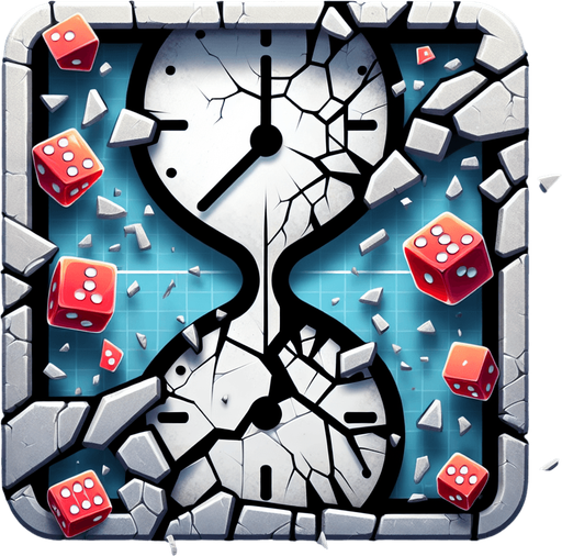A clock face or hourglass that is visibly cracked or shattering. Could also be a die symbol mid-roll or showing multiple faces at once..
Single Game Texture.  In-Game asset.  2d.  Blank background.  High contrast.  No shadows