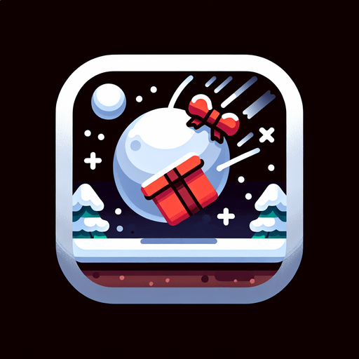 Icon for a snowball hitting a present in the sky, on a circle, with the text „Snowball Delivery“ at top, cartoon, christmas style Single Game Texture. In-Game asset. 2d. Blank background. High contrast. No shadows.