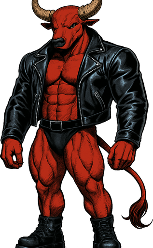 idle animation hunky Minotaur man Cyberpunk manga, minotaur monster hunk, shiny black leather biker jacket longsleeves shirtless muscles, jockstrap combat boots, Background removed, "Full-body character, entirely in frame, no cropping of face, head, or feet" "Complete character visible, from horns to hooves, fully centered in the image" "Entire character, including face and boots, fully within the frame" Character fully contained within a square frame, no edges cut off fashion model idle pose