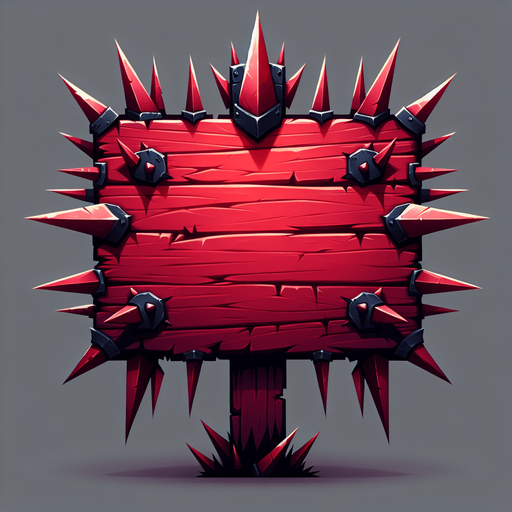 A dangerous bright red wooden message board with long spikes on all sides. Views straight from the front as an interface element..
Single Game Texture. In-Game asset. 2d. Blank background. High contrast. No shadows.