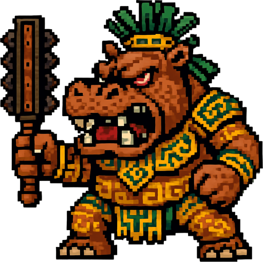 Genérame un hipopotamo guerrero azteca con eso patrones, estilo pixelar, con una apariencia maligna, ojos rojos, rabioso. Unidad cuerpo a cuerpo. Animal..
In-Game asset.  2d.  High contrast.  No shadows
