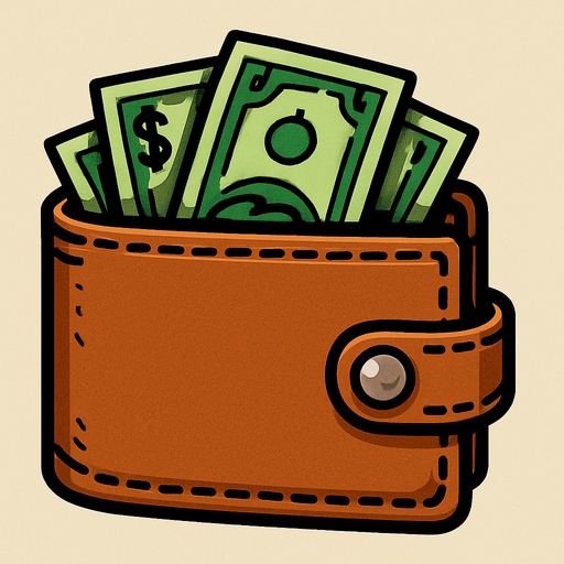 İçinde birkaç dolar olan cüzdan.
In-Game asset.  2d.  High contrast.  No shadows