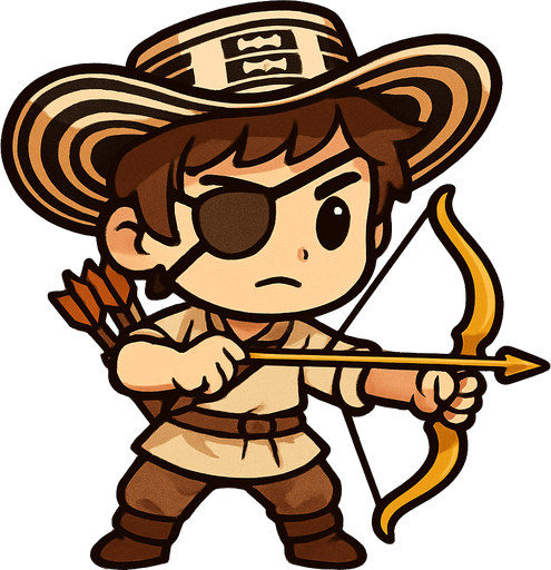 Un arquero en estilo chibi/cuerpo completo. Es un joven de cabello castaño y tez blanca, con un aire humilde y campesino. Lleva ropa sencilla de campesino, con un parche en el ojo derecho que le da un toque rudo. Porta un arco de color dorado brillante y un carcaj lleno de flechas que lleva a modo de cinturón en la cintura. En la cabeza luce un sombrero vueltiao típico, ancho y llamativo. Está en pose de combate ligera, como apuntando o sosteniendo el arco listo para disparar, manteniendo el estilo simpático y expresivo de un chibi..
In-Game asset.  2d.  High contrast.  No shadows