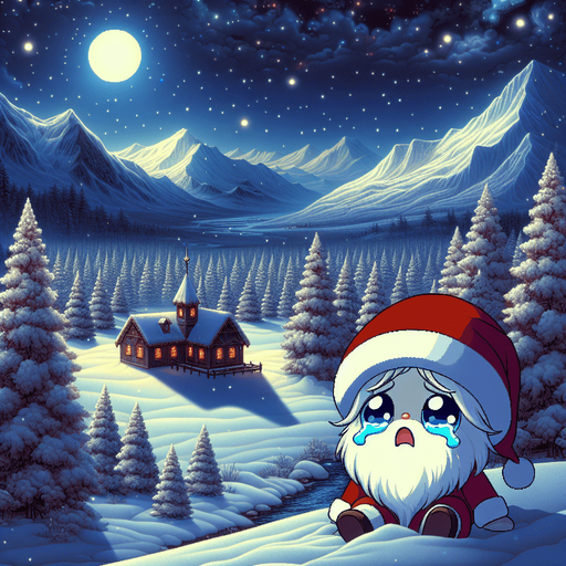 A sad landscape with santa's house, pines, snow, mountains in the back, at night. A cute sad santa crying with big tears in the front. clean feeric style. Background image. 2d. Blank background. Color. High contrast. No shadows.