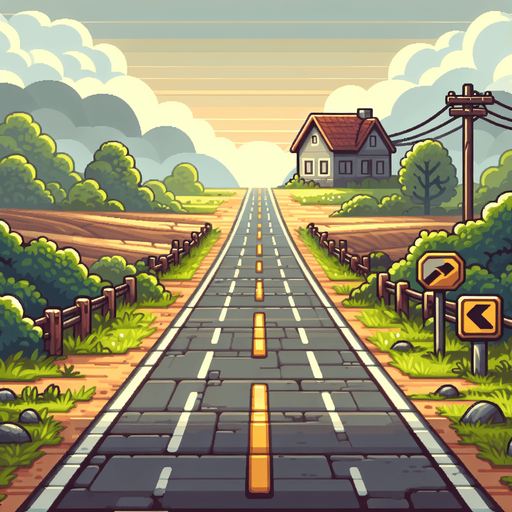I need a road as a background of the game, with a home in the horizon. 

Single Game Texture. In-Game asset. 2d. Blank background. High contrast. No shadows..
Single Game Texture. In-Game asset. 2d. Blank background. High contrast. No shadows.