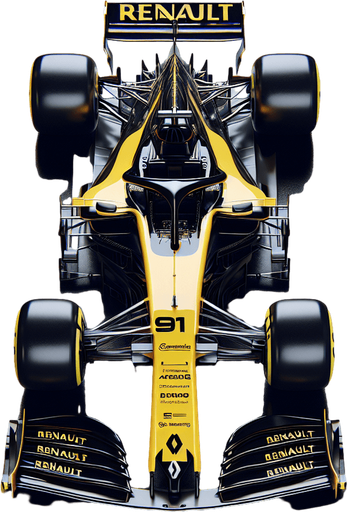 Photorealistic F1 Renault race car. TOP VIEW.
Shiny black body with shiny yellow nose. 
Replace every ,,RENAULT" texts to ,,RENAIULT".
Yellow rear wing. Black ,,RENAIULT" text and logo on nose with black racenumber.