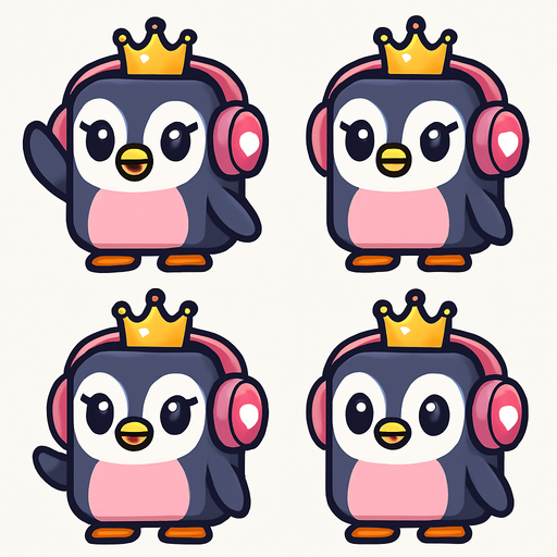 Create a 2D character sprite sheet, arranged in a 2x2 grid. The subject is an adorable, girly, cubical Penguin Princess. She wears a small, cute sparkling crown. Her oversized pink headphones have a small white heart decal on each ear cup. She has large, expressive eyes and a sweet smile. The style is clean vector art with simple cel shading, on a plain white background. The 4-frame animation is a side-to-side wave.
Frame 1: The character raises her flipper to head height, hand held straight.
Frame 2: The flipper, still at head height, pivots to the left.
Frame 3: The flipper, still at head height, pivots to the right.
Frame 4: The character begins to lower her flipper from head height..
In-Game asset.  2d.  High contrast.  No shadows