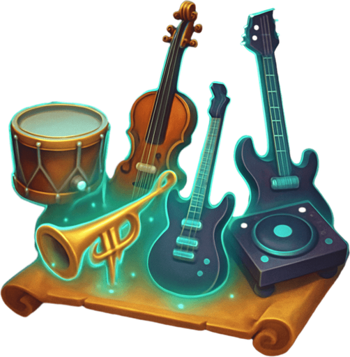 Design an icon for a button labeled "Towers" in a fantasy tower defense game set in a haunted concert hall. The icon should clearly represent access to a selection of instrument-based defense towers.

Use a stylized rack or display of musical instruments arranged like tower miniatures: a drum, violin, trumpet, electric guitar, and DJ deck. They should look magical and glowing slightly, as if floating or placed on a scroll or magical stand.

The icon should be square (256×256 px), clean and readable at small sizes.
Background should be subtle—wood, velvet, or magical mist—but not distracting.
The icon must not include text, only imagery.
Style: digital painted or semi-flat fantasy UI, fitting with a classical, magical orchestral theme..
In-Game asset.  2d.  High contrast.  No shadows