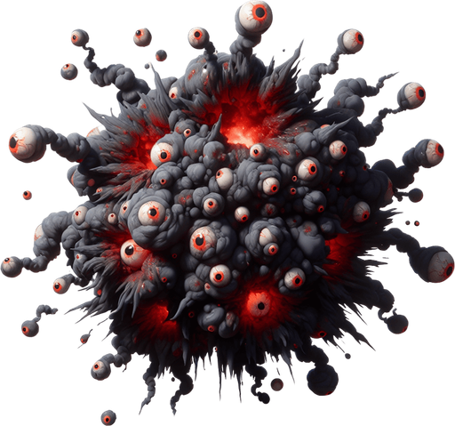 Gray red blob explosion, tentacles, eye balls, squelch
Single Game Texture. In-Game asset. 2d. Blank background. High contrast. No shadows.