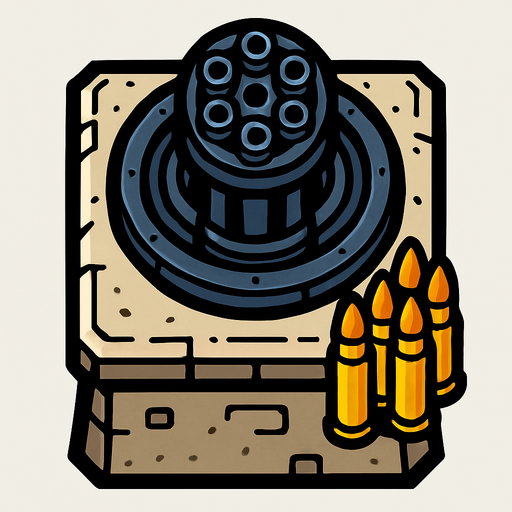torre con 1 cañon con las balas de minigun desde arriba.
In-Game asset.  2d.  High contrast.  No shadows