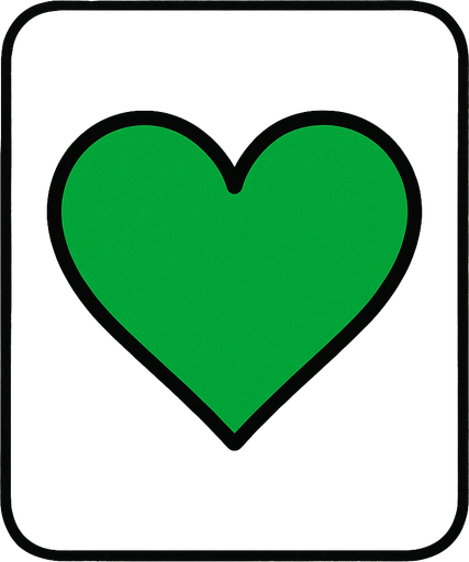 Green Hearth in a white paper-card with rounded corners, front view..
In-Game asset.  2d.  High contrast.  No shadows