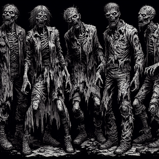 Zombies.
Single Game Texture. In-Game asset. 2d. Blank background. High contrast. No shadows.