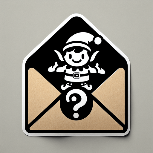 a cartoon envelope with an toy elf on it holding a questionmark.
Single Game Texture. In-Game asset. 2d. Blank background. High contrast. No shadows.
